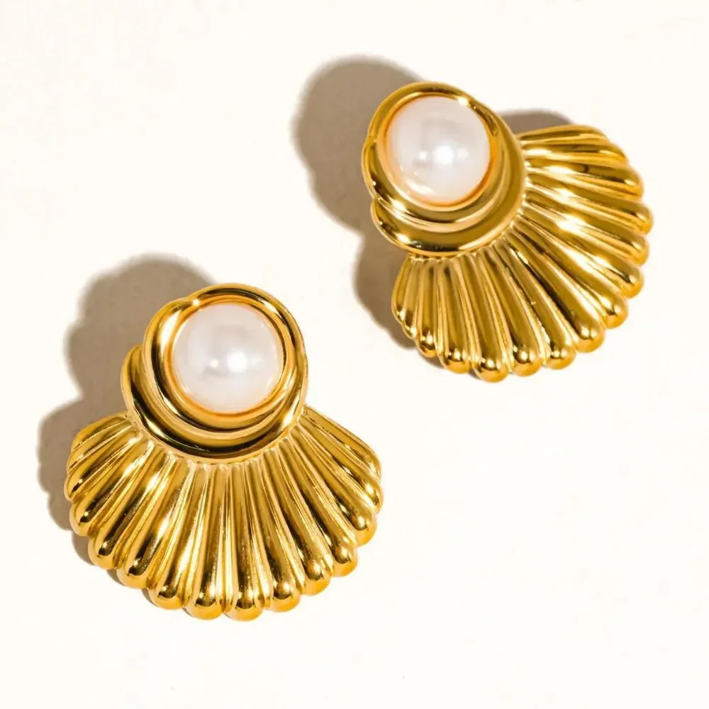 Lennox 18K Gold & Pearl NonTarnish Hypoallergenic Water Resistant Shell Earring